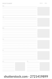 A weekly plan design template in a modern, simple, and minimalist style. Note, scheduler, diary, calendar, planner document template illustration.