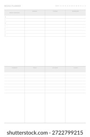 A weekly plan design template in a modern, simple, and minimalist style. Note, scheduler, diary, calendar, planner document template illustration.