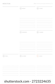 A weekly plan design template in a modern, simple, and minimalist style. Note, scheduler, diary, calendar, planner document template illustration.