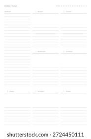 A weekly plan design template in a modern, simple, and minimalist style. Note, scheduler, diary, calendar, planner document template illustration.