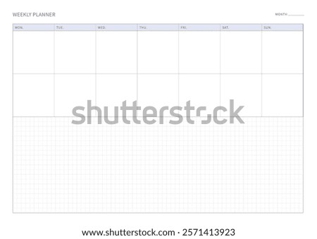A weekly plan design template in a modern, simple, and minimalist style. Note, scheduler, diary, calendar, planner document template illustration.