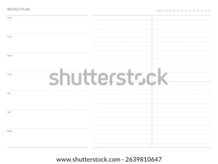A weekly plan design template in a modern, simple, and minimalist style. Note, scheduler, diary, calendar, planner document template illustration.