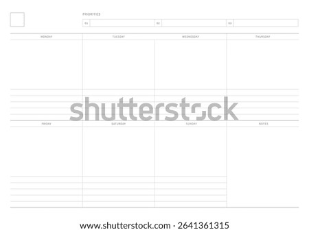 A weekly plan design template in a modern, simple, and minimalist style. Note, scheduler, diary, calendar, planner document template illustration.