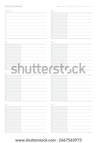 A weekly plan design template in a modern, simple, and minimalist style. Note, scheduler, diary, calendar, planner document template illustration.