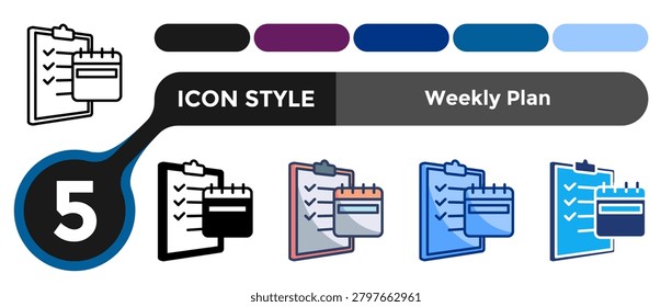 Weekly Plan icon for illustrating weekly scheduling systems, structured organization, and medium-term planning concepts. Line, Filled, Color, Dualtone style.