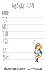 Weekly plan page. Vector printable planner template. Week organizer with cartoon character.