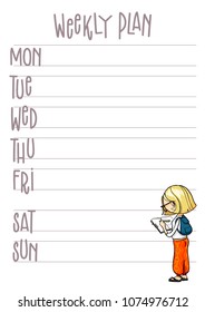 Weekly plan. Planner with cute cartoon character. Vector printable week organizer template.