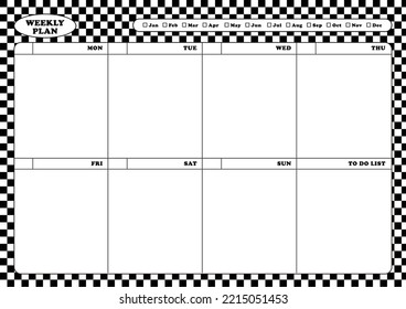 weekly plan planner template design on chess, check, grid, checkerboard pattern background in black and white combination. Note, scheduler, diary, calendar, planner document template illustration.