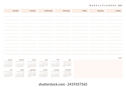 Weekly Planenr with 2025 Calendar. Simple Weekly Organizer on White Background. Vector Print with Annual Calendar Divided Into Months. English Version.Printable Timetable with Copy Space and Calendar.