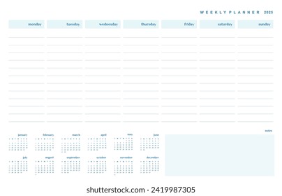 Weekly Planenr with 2025 Calendar. Simple Weekly Organizer on White Background. Vector Print with Annual Calendar Divided Into Months. English Version.Printable Timetable with Copy Space and Calendar.