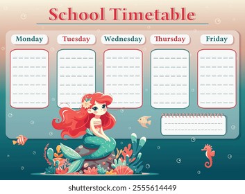 A weekly planer for a student. School Time Table Template with a sweet and modest mermaid. Vector illustration in flat cartoon style