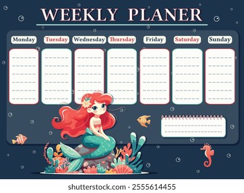 A weekly planer for a student. School Time Table Template with a sweet and modest mermaid. Vector illustration in flat cartoon style