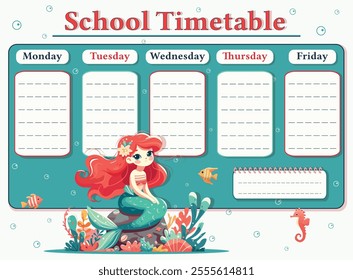 A weekly planer for a student. School Time Table Template with a sweet and modest mermaid. Vector illustration in flat cartoon style