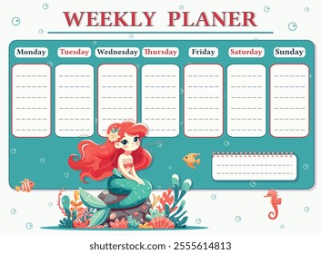 A weekly planer for a student. School Time Table Template with a sweet and modest mermaid. Vector illustration in flat cartoon style