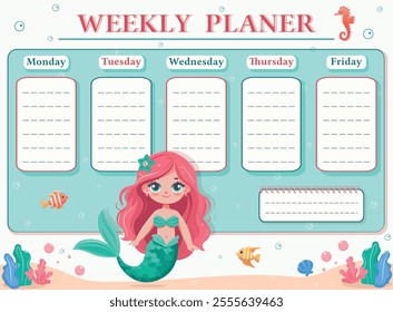 A weekly planer for a student. School Time Table Template with a sweet and beautiful mermaid on white background. Vector illustration in flat cartoon style