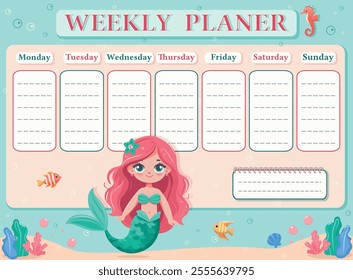 A weekly planer for a student. School Time Table Template with a sweet and beautiful mermaid. Vector illustration in flat cartoon style