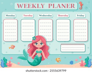 A weekly planer for a student. School Time Table Template with a sweet and beautiful mermaid. Vector illustration in flat cartoon style