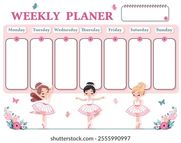 A weekly planer for a student. School Time Table Template with a pretty ballerinas on white background. Vector illustration in flat cartoon style