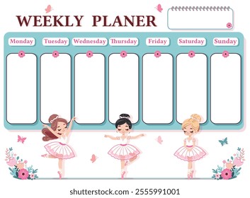 A weekly planer for a student. School Time Table Template with a pretty ballerinas on white background. Vector illustration in flat cartoon style