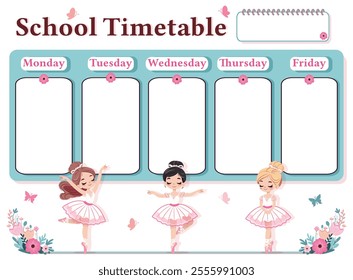 A weekly planer for a student. School Time Table Template with a pretty ballerinas on white background. Vector illustration in flat cartoon style