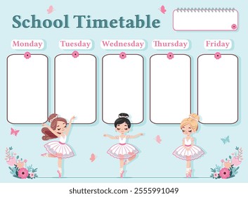 A weekly planer for a student. School Time Table Template with a pretty ballerinas on blue background. Vector illustration in flat cartoon style