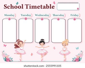 A weekly planer for a student. School Time Table Template with a pretty ballerinas on pink background. Vector illustration in flat cartoon style