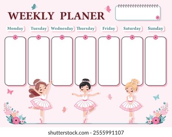 A weekly planer for a student. School Time Table Template with a pretty ballerinas on pink background. Vector illustration in flat cartoon style