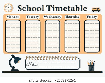 A weekly planer for a student or workers. School Time Table Template with a lamp, clock and pencils on white background. Vector illustration in flat cartoon style.