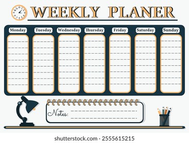 A weekly planer for a student or workers. School Time Table Template with a lamp, clock and pencils on white background. Vector illustration in flat cartoon style.