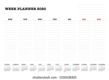 Weekly planner and 2020 calendar for companies and private use