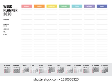 Weekly planner and 2020 calendar for companies and private use