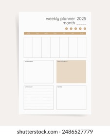 Weekly Planner 2025: Plantilla moderna para citas, lista de verificación, programación y gestión de tareas.