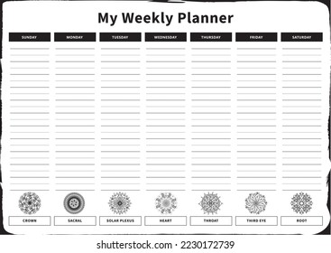 Weekly Planner with 7 Days and corresponding Chakras in Black and White English