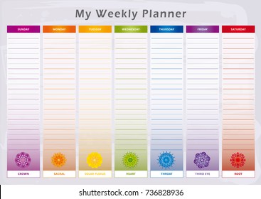 Weekly Planner with 7 Days and corresponding Chakras in Rainbow Colors