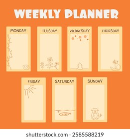 weekly planner for 7 days, orange with animals and plants