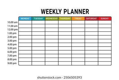 Weekly planner. 7 days planning schedule vector. Daily planner.