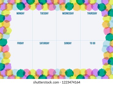 Weekly planner with abstract brush dots. Vector layout sheet with multicolor circle. Template for organizer, notes, print, office and school.