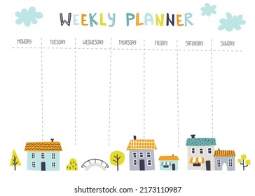 Weekly planner with abstract city street. Scandinavian design of timetable with little town for kids.