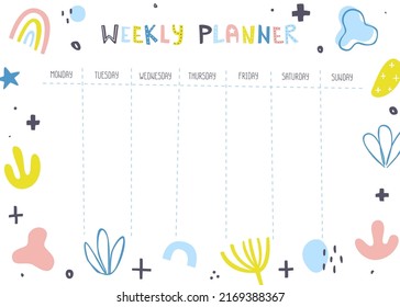 Weekly planner with abstract shapes. Scandinavian design of timetable. Cute vector schedule template.