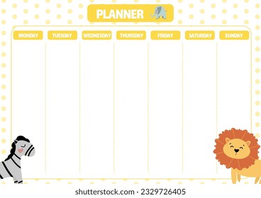 Weekly planner with animals in cartoon style. Kids schedule design template. Vector illustration.