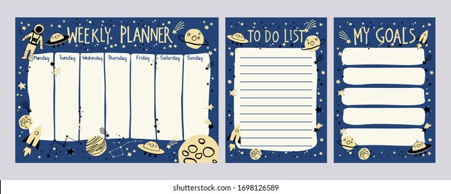 Weekly planner ans To Do List with space theme in cartoon style. Kids schedule design template