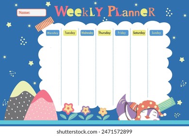 Weekly planner with 
antarctic penguin animals in doodle cartoon style. Kids schedule design template. Floral vector illustration. Blue background.