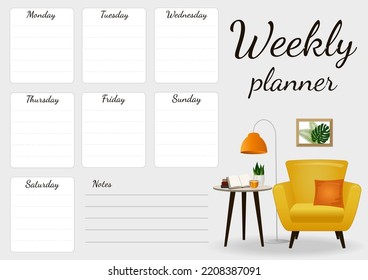 Weekly planner with an armchair, coffee table, floor lamp and books. Vector illustration. 