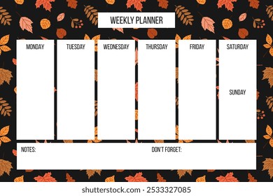 Weekly planner with autumn background.  Vector personal organizer planner for to do list, notes with fall elements.