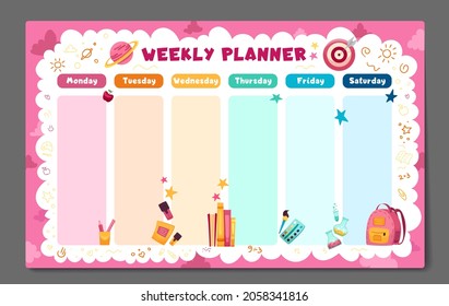 Weekly Planner, Back To School Timetable Template With School Supplies, Planets, Books And Doodle. Kids Schedule Design Template. Vector Children Flat Illustration