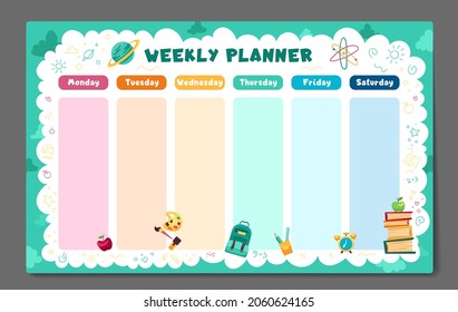 Weekly planner, back to school timetable template with school supplies, planets, books and doodle. Kids schedule design template. Vector children flat illustration