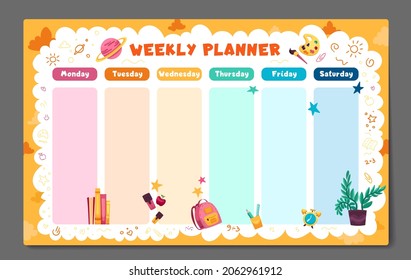 Weekly Planner, Back To School Timetable Template With School Supplies, Planets, Books And Doodle. Kids Schedule Design Template. Vector Children Flat Illustration