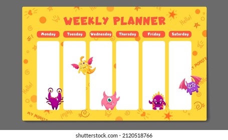 Weekly planner, back to school timetable template with cute funny and kind little monsters. Kids schedule design template. Vector children illustration for printing
