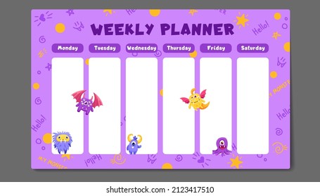 Weekly planner, back to school timetable template with cute funny and kind little monsters. Kids schedule design template. Vector children illustration for printing
