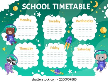 Weekly planner, back to school timetable template with cute space animals astronauts, planets, spaceship, moon and stars. Kids schedule design template. Vector children flat illustration